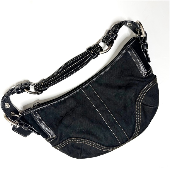 Coach Signature Mini Black Canvas Leather Hobo Shoulder Bag - Picture 6 of 14